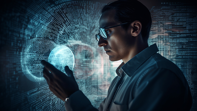 Imagem de um homem segurando uma esfera que representa um aglomerado de dados abstratos.