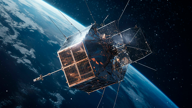 Imagem de um satélite em órbita no espaço com o planeta terra no segundo plano